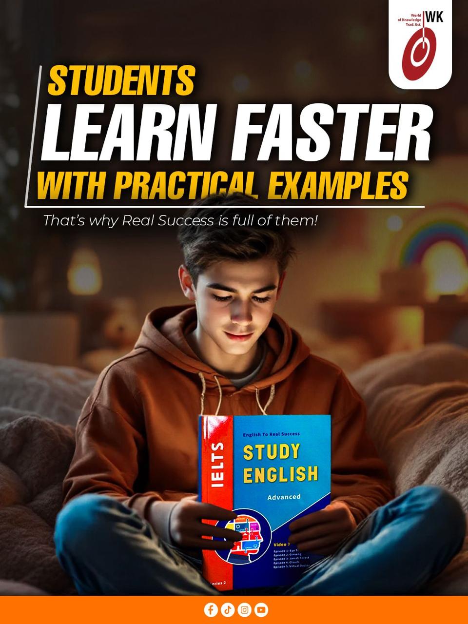Student learning English faster with practical examples using IELTS study book
